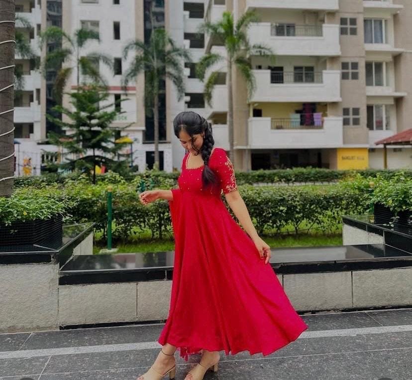 Hand embroidered Anarkali with dupatta/straight kurta suit set/red kurta with dupatta USA/Indian dresses/red kurta set with pant dupatta usa