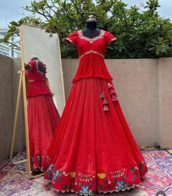 Hand-Painted Kalamkari Lehenga Set: Silk Crop Top, Embroidered Skirt, red kalamkari lehenga set, crop top lehenga,teens lehenga,kids lehenga