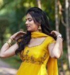 Hand embroidered Anarkali with scallop dupatta/yellow anarkali suit/georgette anarkali dupatta USA/ Indian dresses/anarkali dupatta set usa