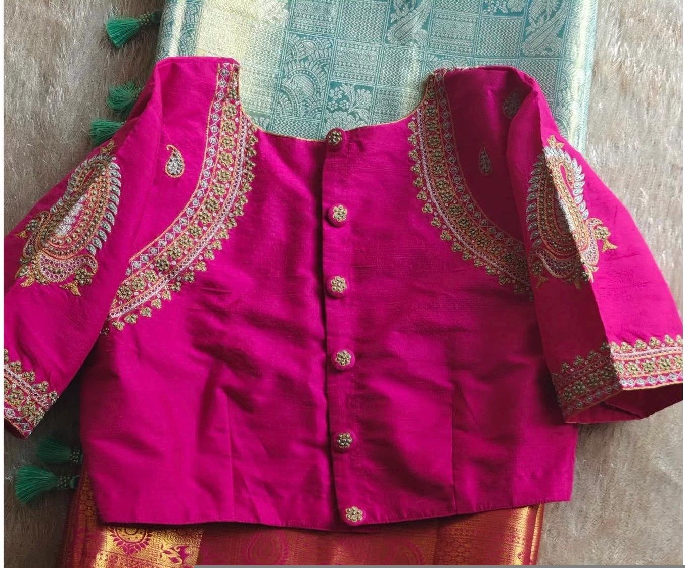 Hand Embroidered Zardosi Silk Blouse: Pink Maggam Work,hand work blouse, 42 size blouse, pink mix and match blouse, pink saree blouse USA