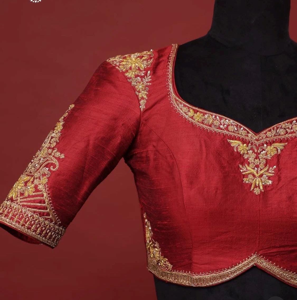 pure silk hand embroidery blouse/saree maggam blouse/maroon red raw silk zardosi blouse/hand embroidered blouse/ready made blouse zardosi/