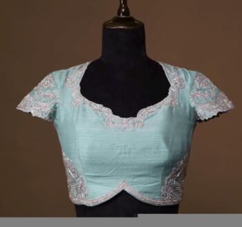 pure silk hand embroidery blouse /maggam blouse/blue raw silk zardosi blouse/hand embroidered blouse/ice blue short sleeve ready made blouse