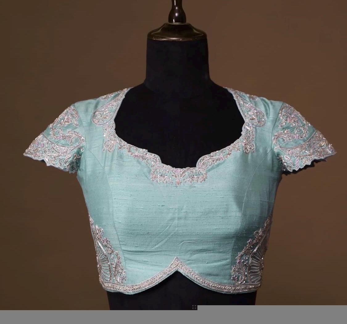 pure silk hand embroidery blouse /maggam blouse/blue raw silk zardosi blouse/hand embroidered blouse/ice blue short sleeve ready made blouse