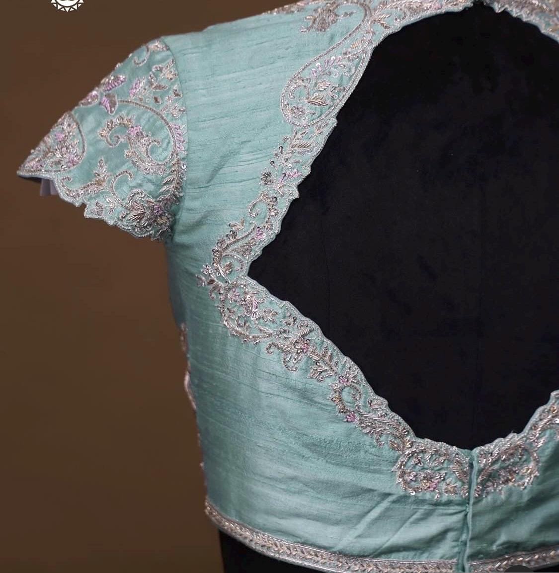 pure silk hand embroidery blouse /maggam blouse/blue raw silk zardosi blouse/hand embroidered blouse/ice blue short sleeve ready made blouse