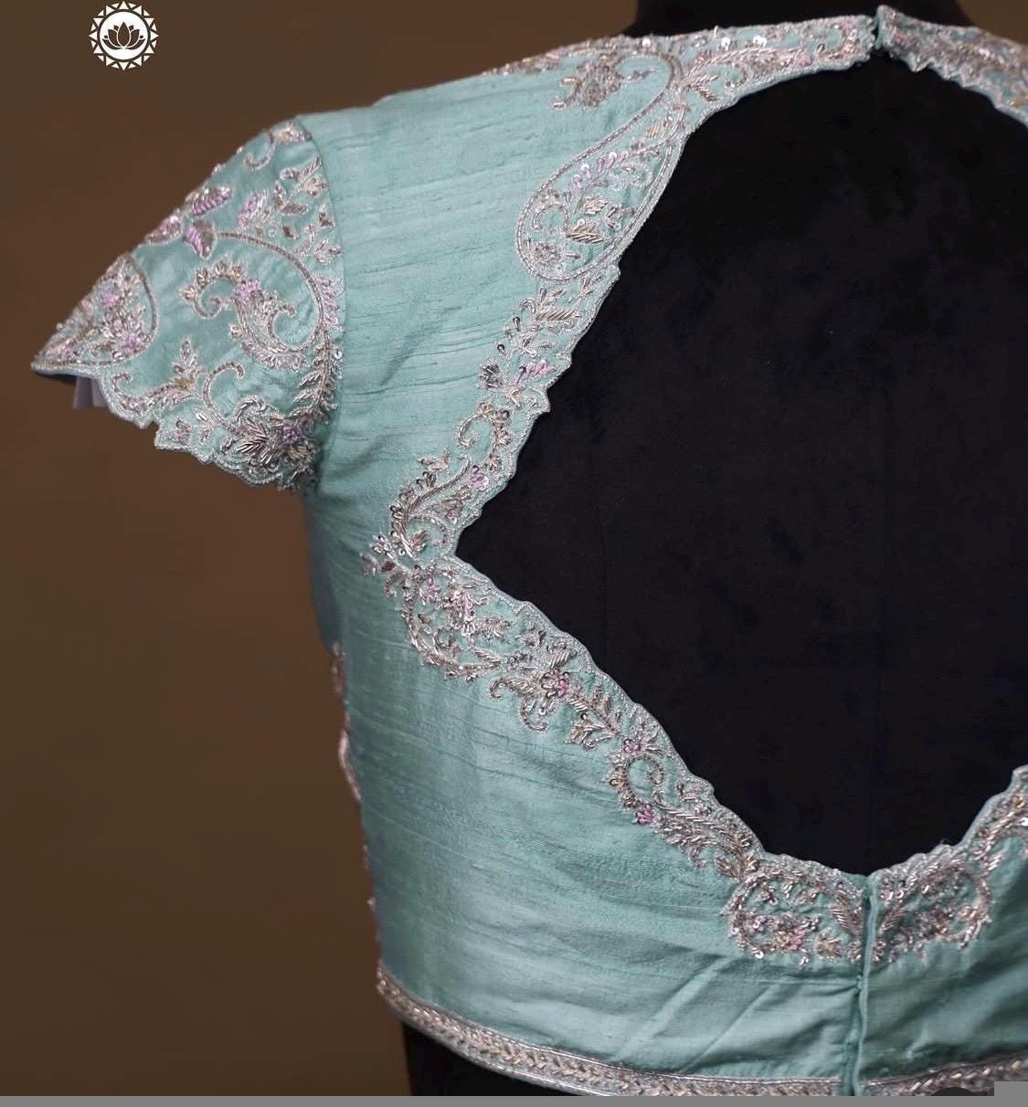 pure silk hand embroidery blouse /maggam blouse/blue raw silk zardosi blouse/hand embroidered blouse/ice blue short sleeve ready made blouse