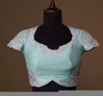 pure silk hand embroidery blouse /maggam blouse/blue raw silk zardosi blouse/hand embroidered blouse/ice blue short sleeve ready made blouse