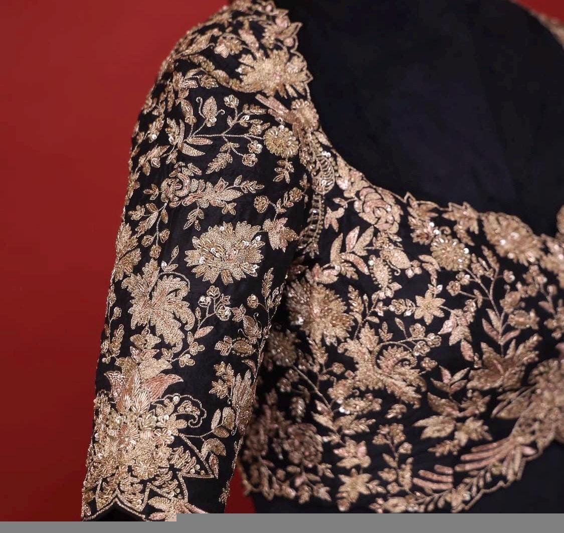 pure silk hand embroidery bridal blouse/ maggam blouse/black heavy embroideryblouse/ hand embroidered blouse/heavy embroidery wedding blouse