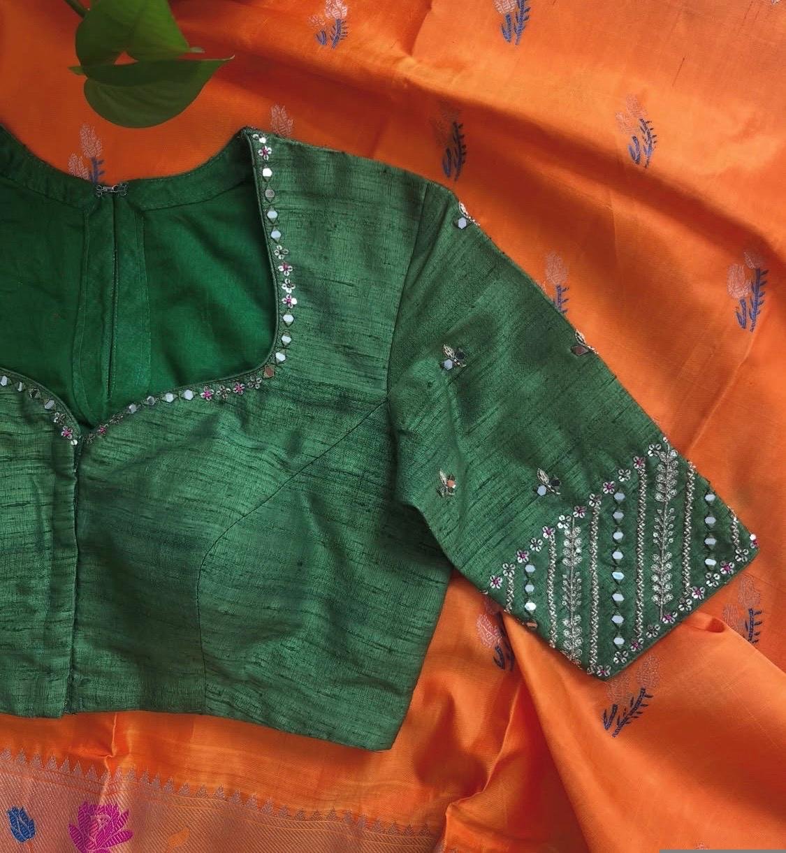 Hand Embroidered Zardosi Silk Blouse: Mehendi Green Maggam Work,dark green blouse,green blouse,mix and match blouse,plus size maggam blouse