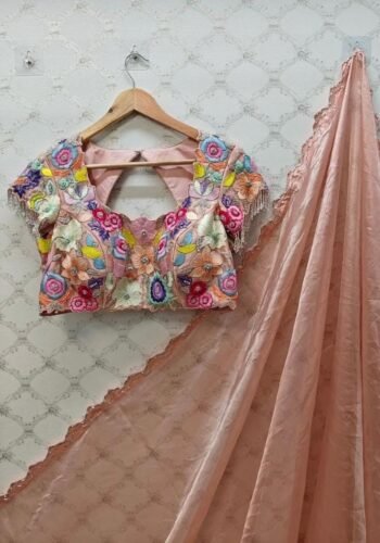 Pink tissue silk saree with hand embroidered blouse/blue saree with pink hand work blouse|sarees peach pure silk scall saree with blouse