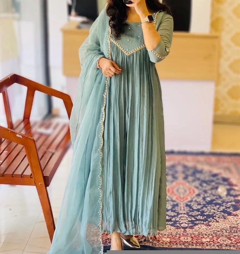 Hand Embroidered Anarkali Dress: Ice Blue Indian Suit with Dupatta, hand work kurta with dupatta/Indian kurta set,blue kurta set,indian kurt