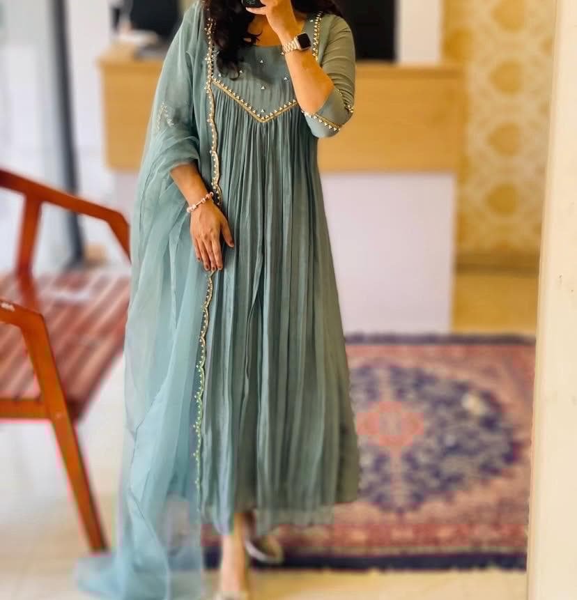 Hand Embroidered Anarkali Dress: Ice Blue Indian Suit with Dupatta, hand work kurta with dupatta/Indian kurta set,blue kurta set,indian kurt