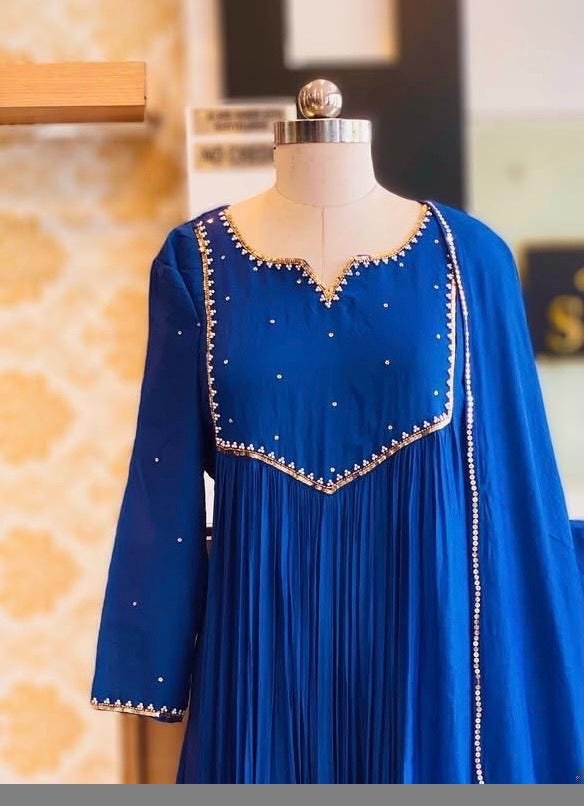 Hand Embroidered Anarkali Dress: Royal blue Indian Suit with Dupatta, blue Indian kurta,indian kurta set , blue anarkali kurta,kurta dupatta