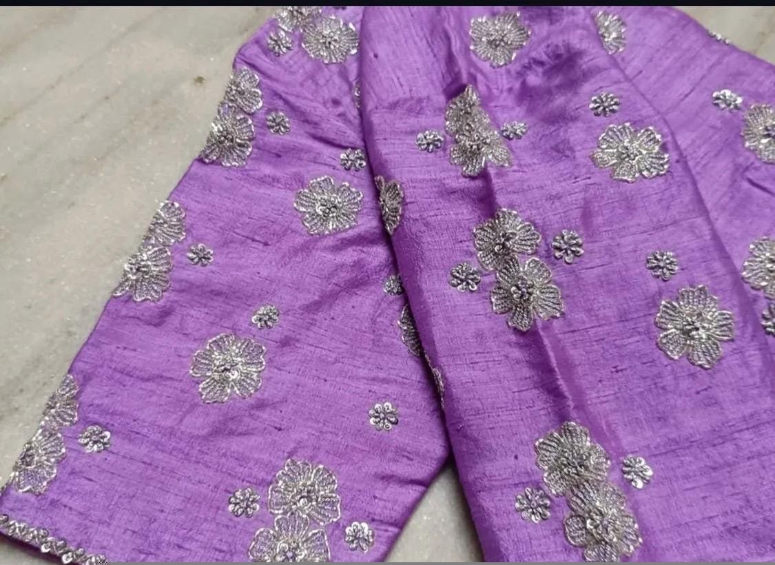 Lavender Hand Embroidered Silk Blouse: Zardosi Maggam Work, Elbow Sleeves,v neck blouse,mix and match blouse,plus size blouse,lavender blous
