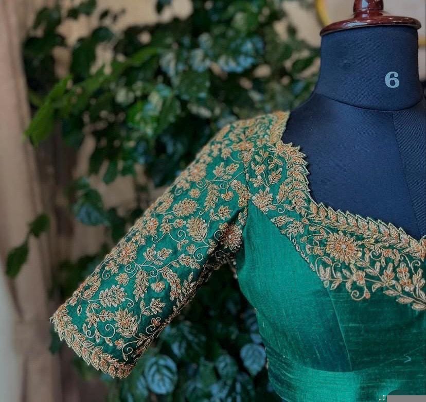 pure silk heavy hand embroidery blouse /bridal green maggam blouse/green zardosi blouse/hand embroidered blouse/green wedding ready blouse