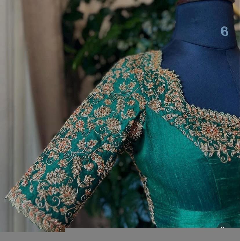 pure silk heavy hand embroidery blouse /bridal green maggam blouse/green zardosi blouse/hand embroidered blouse/green wedding ready blouse