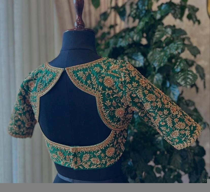 pure silk heavy hand embroidery blouse /bridal green maggam blouse/green zardosi blouse/hand embroidered blouse/green wedding ready blouse