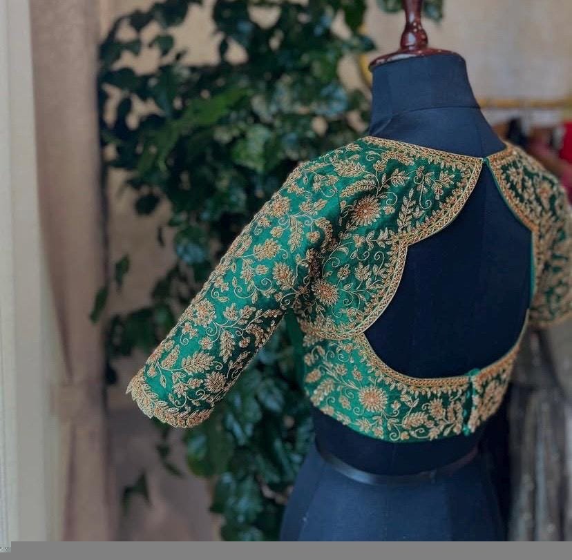 pure silk heavy hand embroidery blouse /bridal green maggam blouse/green zardosi blouse/hand embroidered blouse/green wedding ready blouse