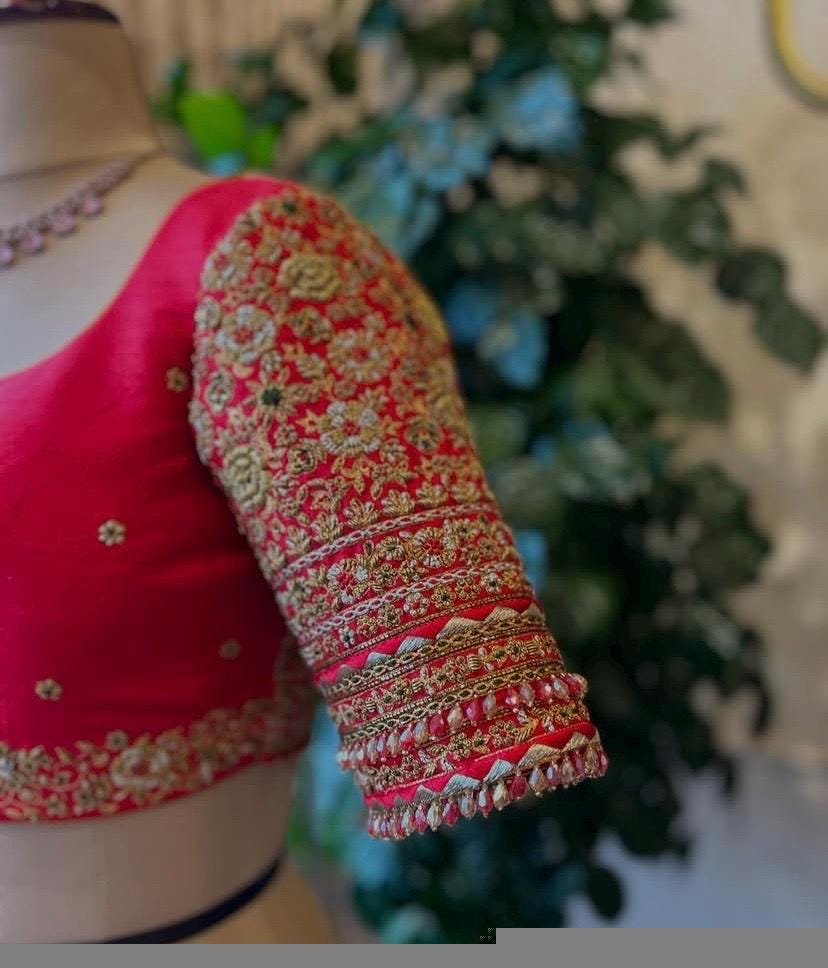 pure silk hand embroidery bridal blouse/ maggam blouse/red bridal zardosi blouse/red hand embroidered blouse/heavy embroidery wedding blouse