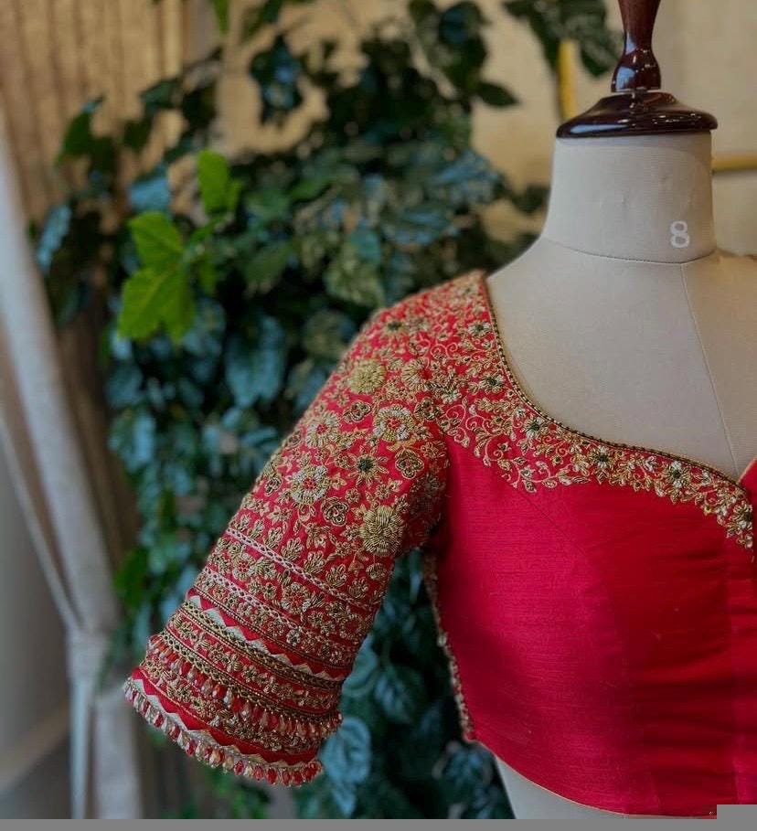 pure silk hand embroidery bridal blouse/ maggam blouse/red bridal zardosi blouse/red hand embroidered blouse/heavy embroidery wedding blouse