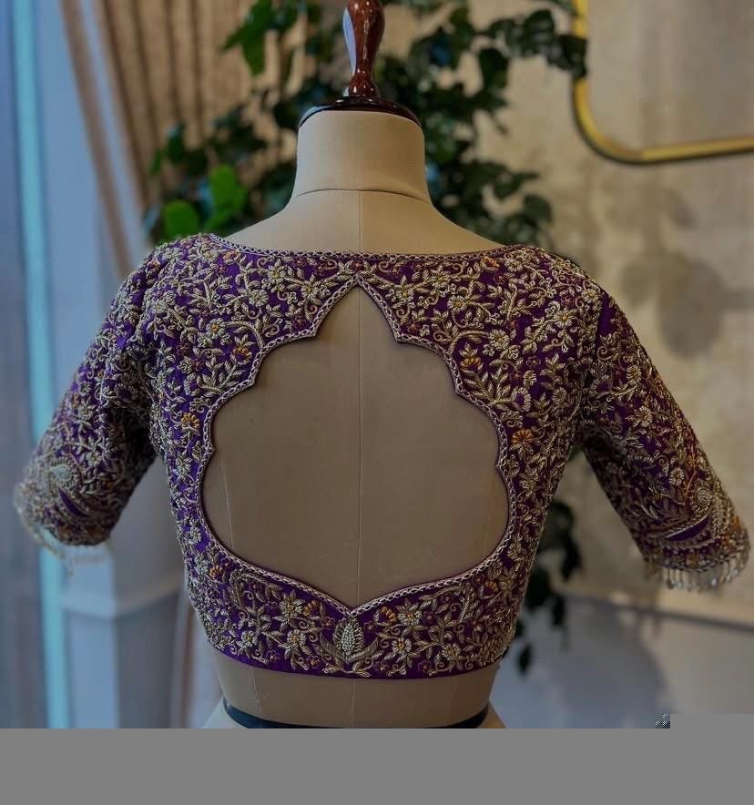pure silk hand embroidery bridal blouse/ maggam blouse/purple bridal zardosi blouse/hand embroidered blouse/heavy embroidery wedding blouse