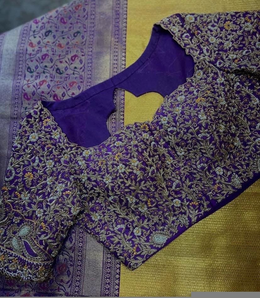 pure silk hand embroidery bridal blouse/ maggam blouse/purple bridal zardosi blouse/hand embroidered blouse/heavy embroidery wedding blouse