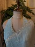 Ice Blue Crepe Silk Saree: Hand-Embroidered Blouse, Sleeveless Design,handwork saree with blouse,pearl work saree,blue saree,organza saree
