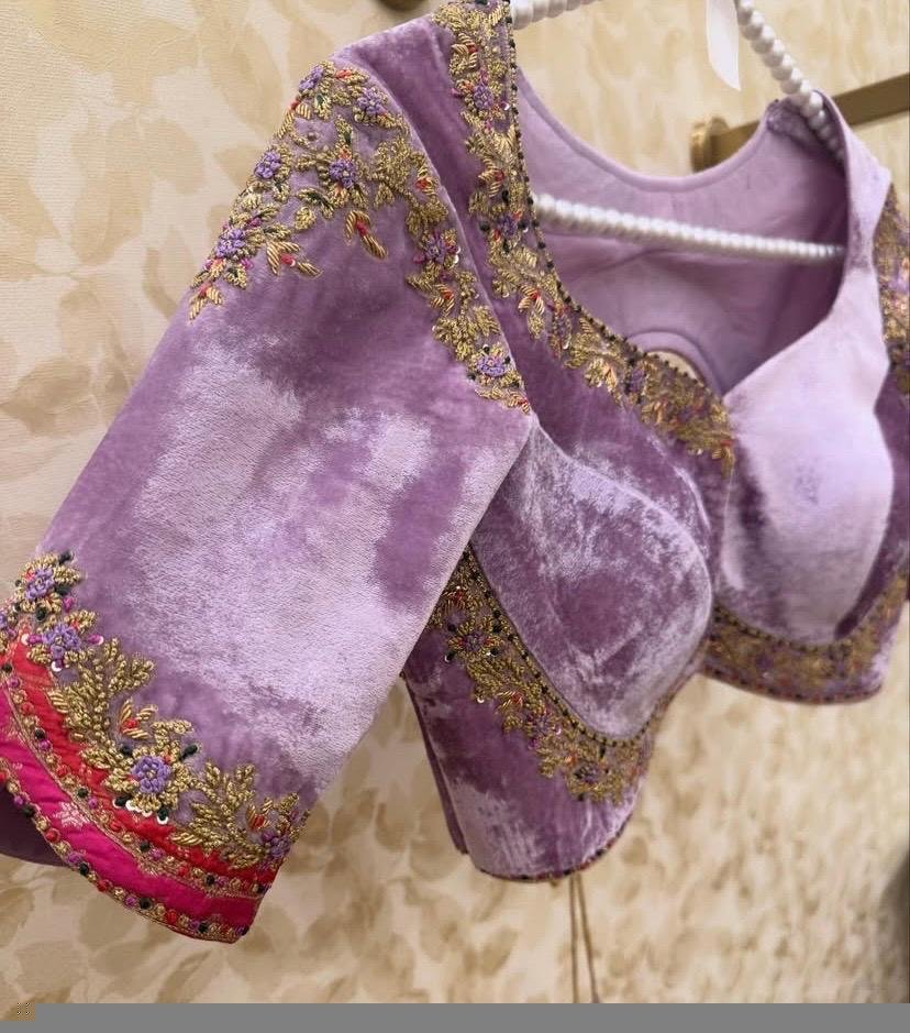 Lavender Velvet Saree Blouse: Hand Embroidered Zardosi Crop Top,mix and match saree blouse,pink saree blouse,plus size blouse,velvet blouse