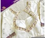 Cream Silk Saree Blouse: Hand Embroidered Zardosi Maggam, Elbow Sleeve,mix and match blouses, plus size blouse,white hand work blouse usa