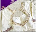 Cream Silk Saree Blouse: Hand Embroidered Zardosi Maggam, Elbow Sleeve,mix and match blouses, plus size blouse,white hand work blouse usa