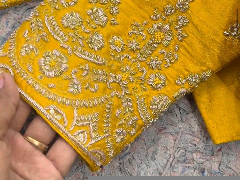 Hand Embroidered Silk Saree Blouse: Yellow Zardosi Maggam Work,yellow maggam blouse ,mix and match blouse,plus size blouse,yellow embroidery