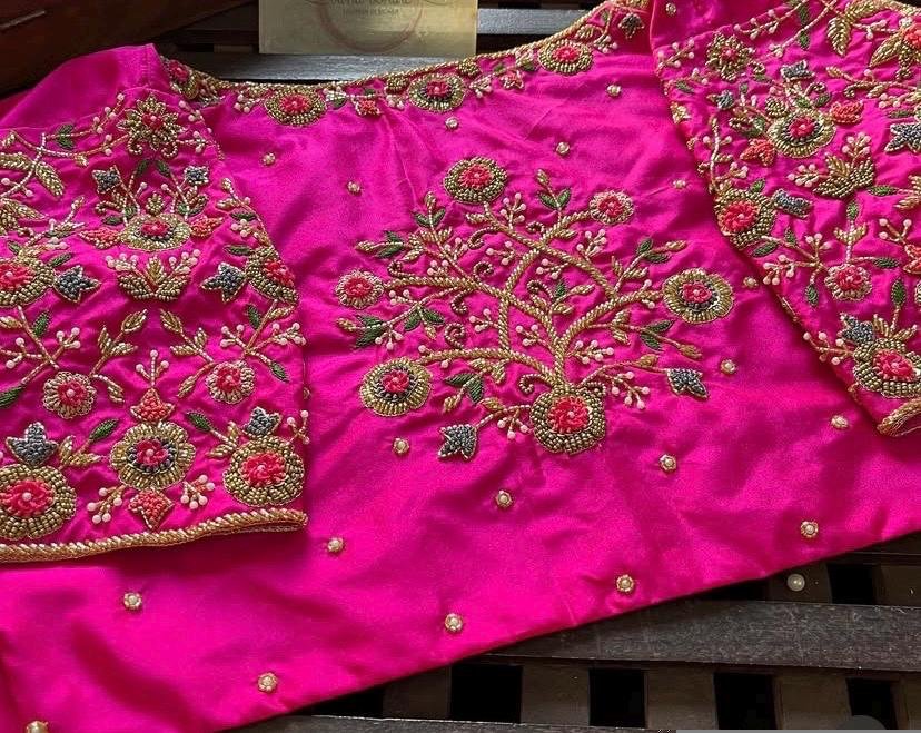 Hand Embroidered Zardosi Silk Blouse: Pink Maggam Work,hand work blouse, 42 size blouse, pink mix and match blouse, pink saree blouse USA