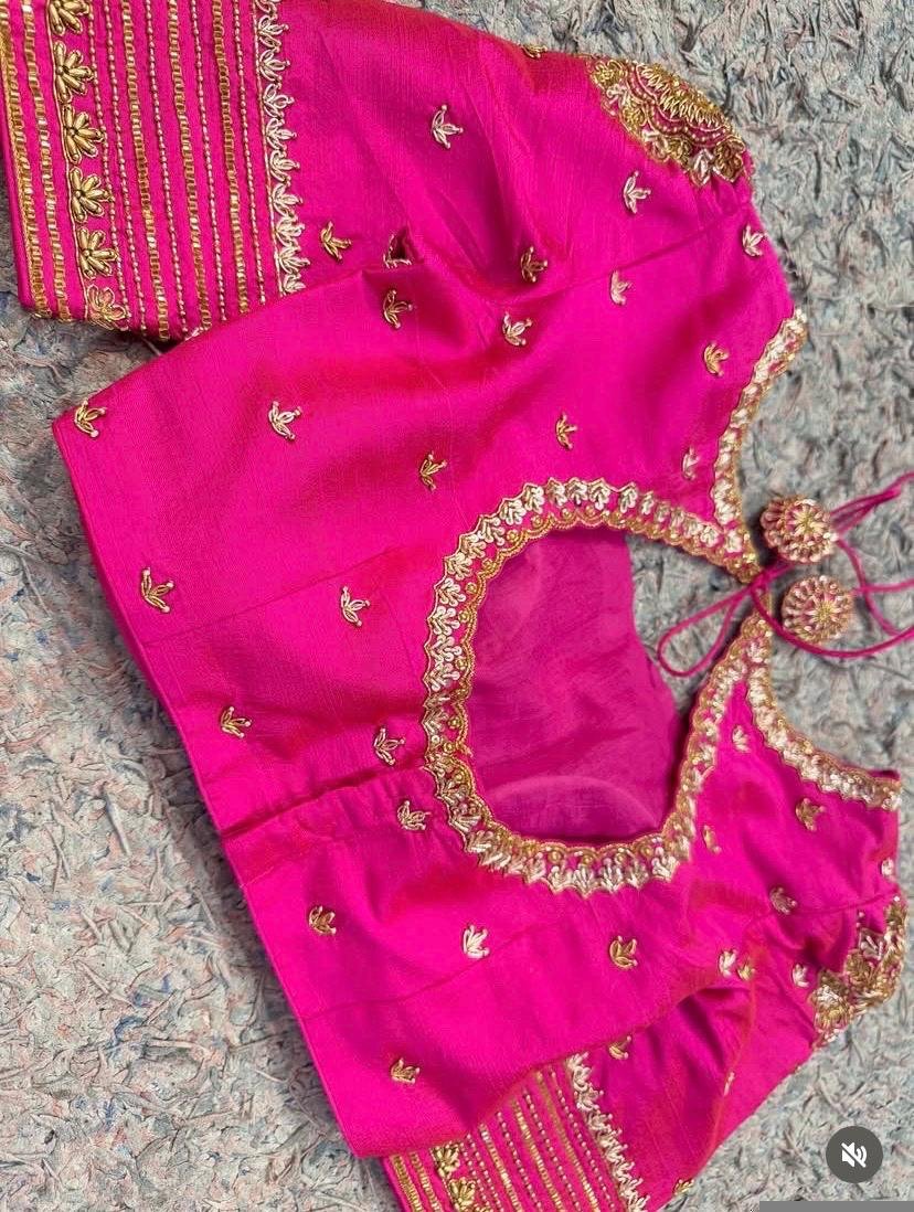 pure silk hand embroidery blouse/saree maggam blouse/hot pink zardosi blouse/hand embroidered blouse /magenta pink ready made blouse zardosi