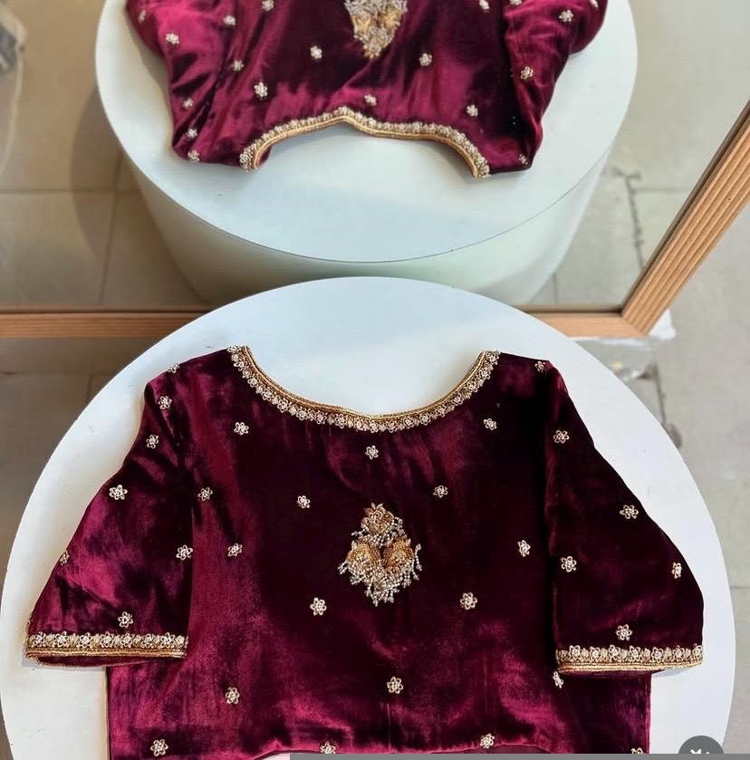 pure velvet hand embroidery blouse/v neck maggam blouse/red zardosi blouse/velvet hand embroidered blouse/burgundy velvet ready made blouse