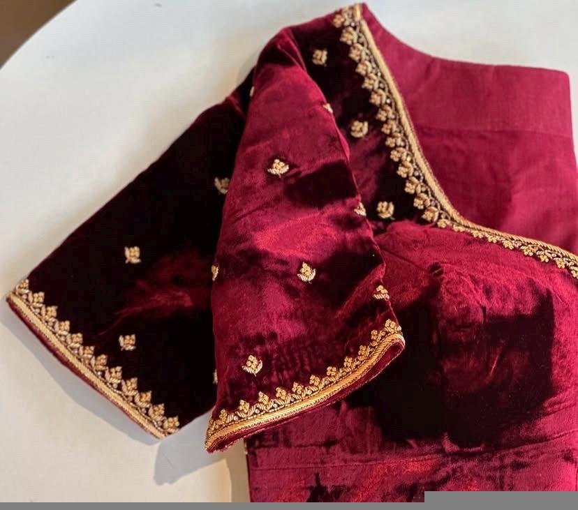 pure velvet hand embroidery blouse/v neck maggam blouse/red zardosi blouse/velvet hand embroidered blouse/burgundy velvet ready made blouse