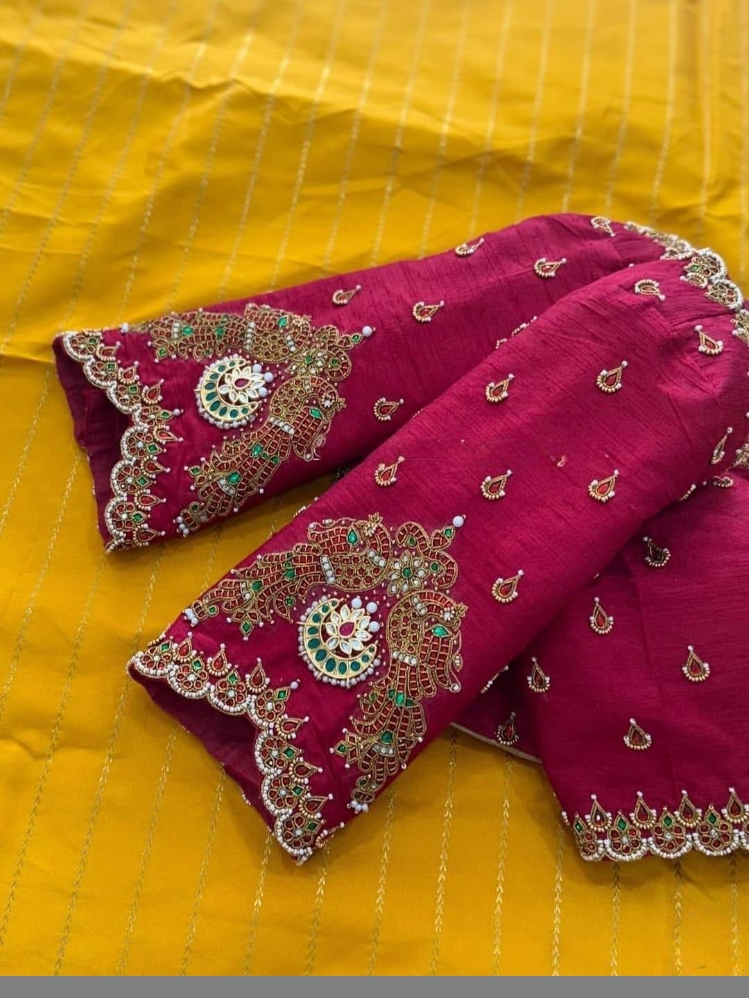 Hand Embroidered Zardosi Silk Blouse/Maroon Red Maggam Saree Blouse/red kundan blouse/burgundy blouse,kundan work blouse,mix and match blous