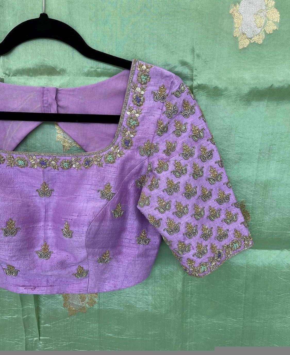 Lavender Hand Embroidered Silk Blouse: Zardosi Maggam Work,lavender blouse,mix and match blouse,plus size blouse,lavender hand work blouse