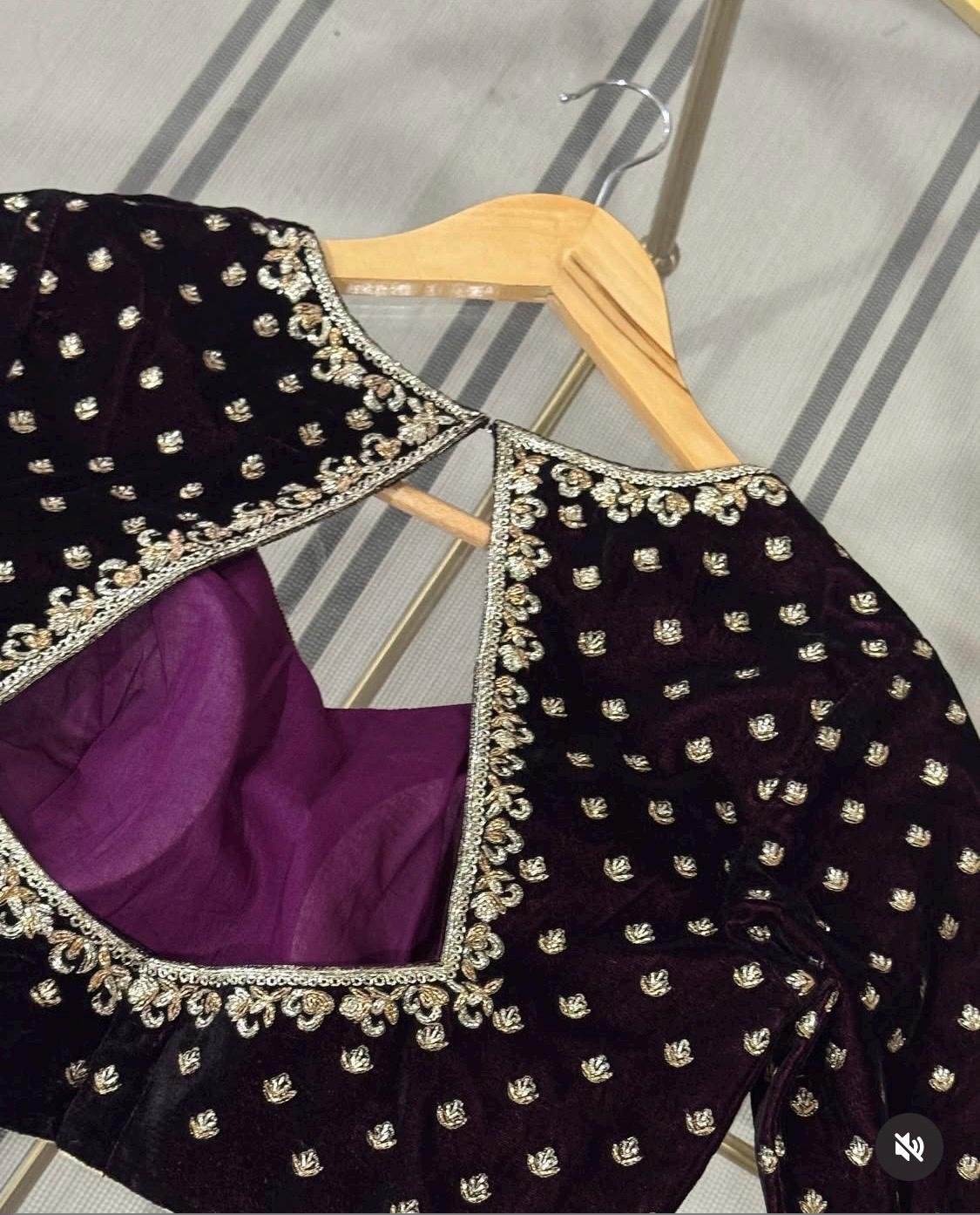 Purple Velvet Saree Blouse: Hand Embroidered Zardosi Maggam Work,purple velvet blouse,mix and match blouse,plus size blouses,custom saree us