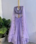 Lavender Lehenga Set: Hand Embroidered Silk Crop Top, Chinon Skirt,cape lehenga,lehenga with jacket,pure silk crop top skirt,lehenga choli