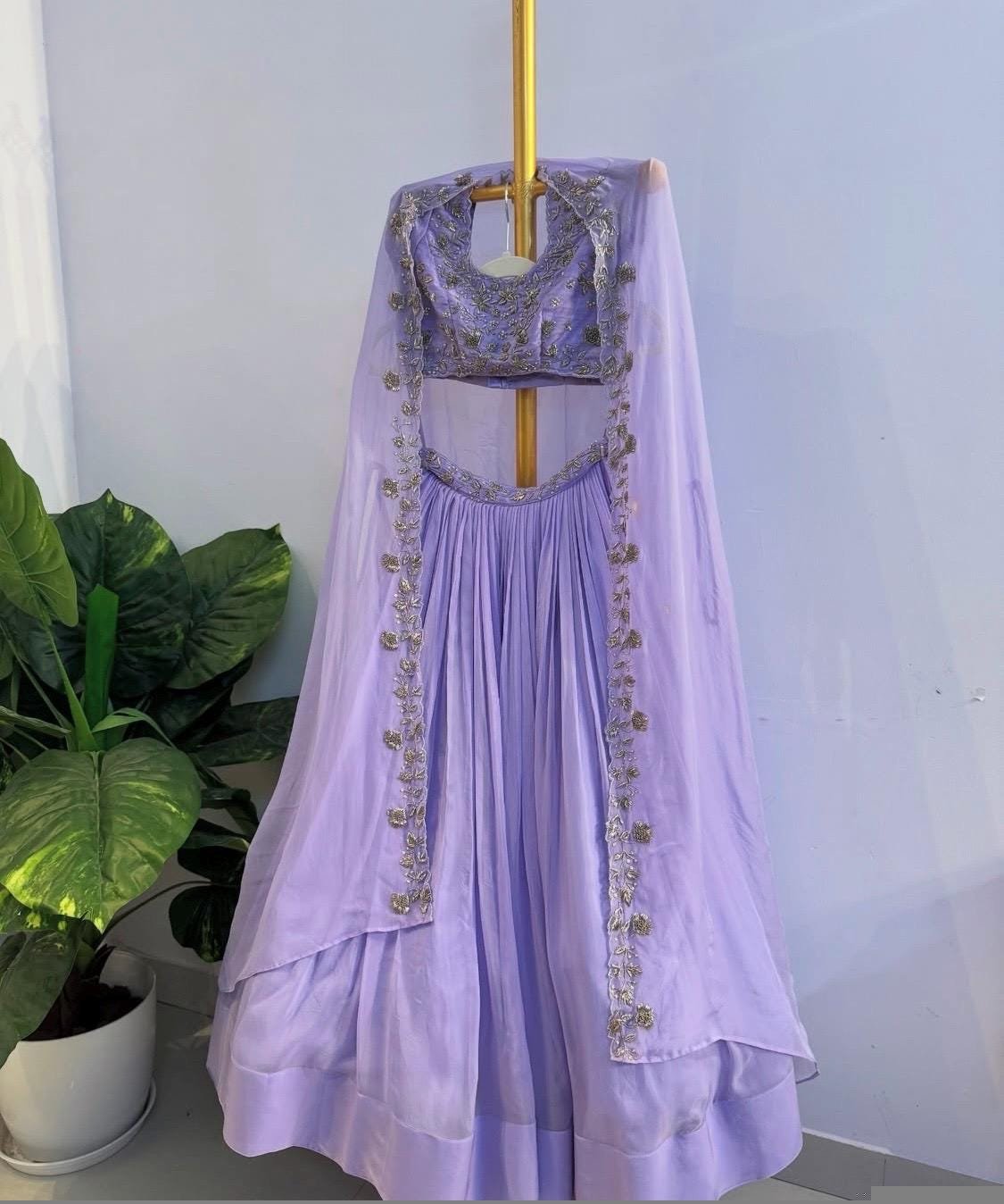 Lavender Lehenga Set: Hand Embroidered Silk Crop Top, Chinon Skirt,cape lehenga,lehenga with jacket,pure silk crop top skirt,lehenga choli