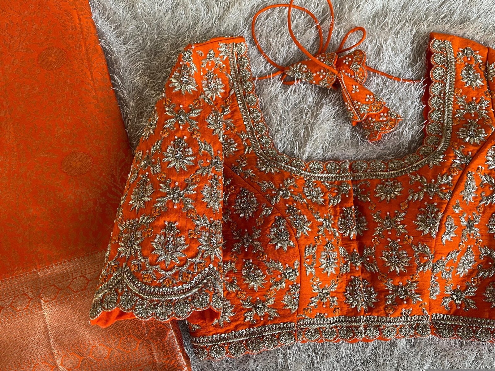Orange Raw Silk Saree Blouse: Hand Embroidered Zardosi Maggam,orange saree blouse,mix and match blouse, orange Maggam blouse,wedding blouse