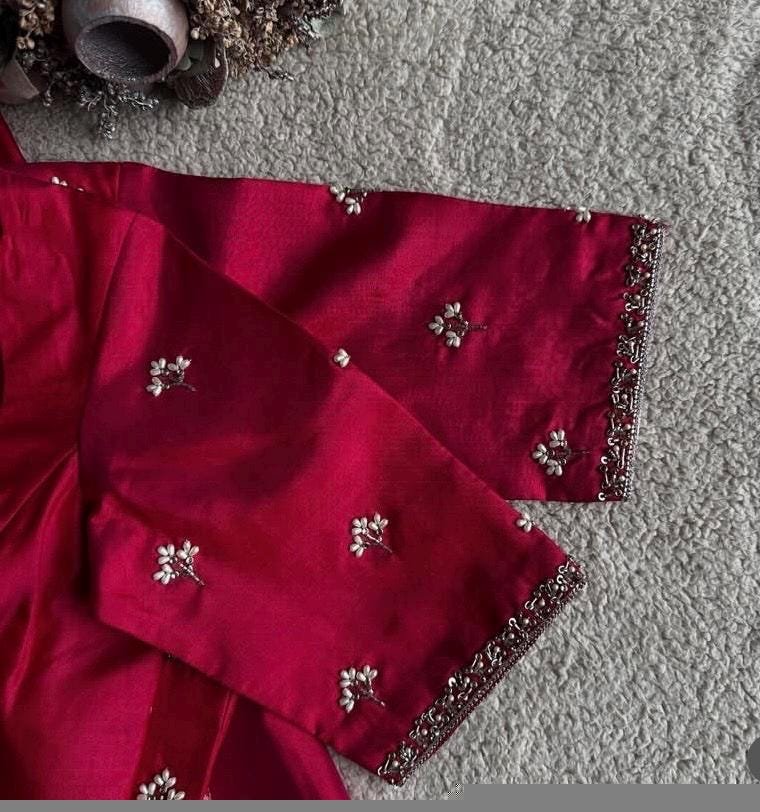 Hand Embroidered Red Silk Saree Blouse: Zardosi Maggam Work,red maggam blouse,red handwork blouse,dark red blouse,mix and match blouse usa