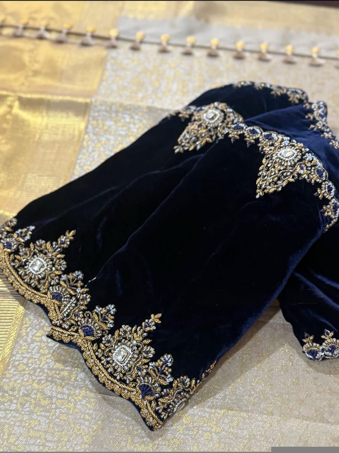 Black Velvet Saree Blouse: Hand Embroidered Zardosi Maggam Work,blue velvet blouse,mix and match blouse,plus size blouse,black blouse,velvet