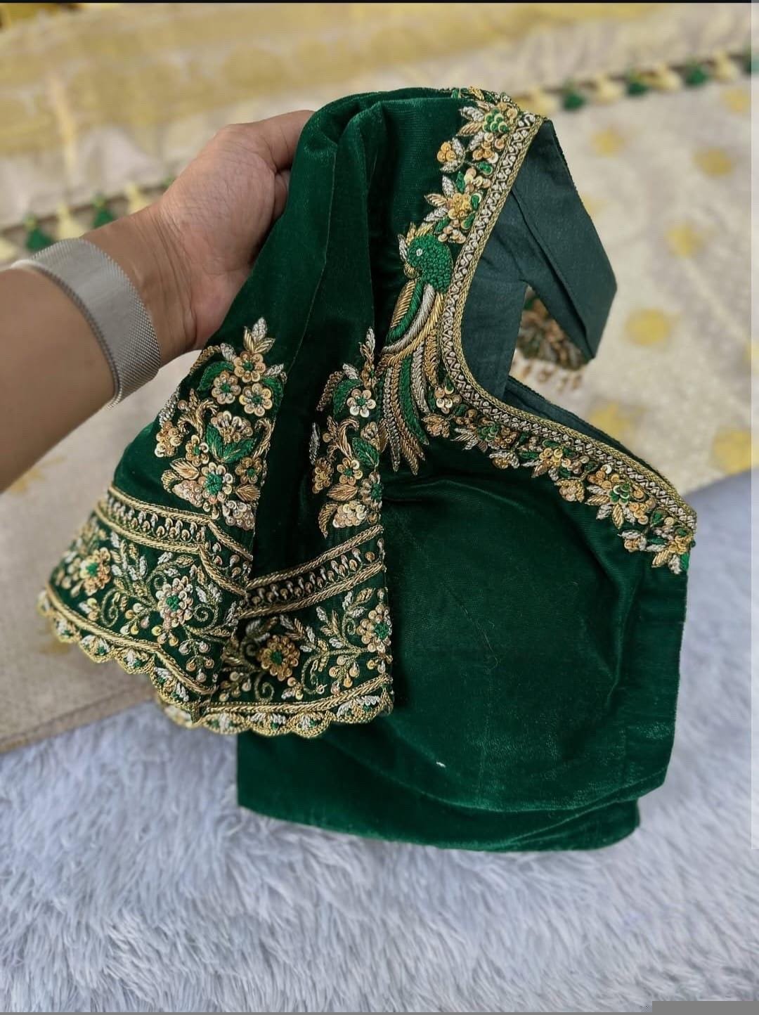 pure velvet hand embroidery blouse/modern saree maggam blouse/green zardosi blouse/ hand embroidered blouse/green velvet ready made blouse