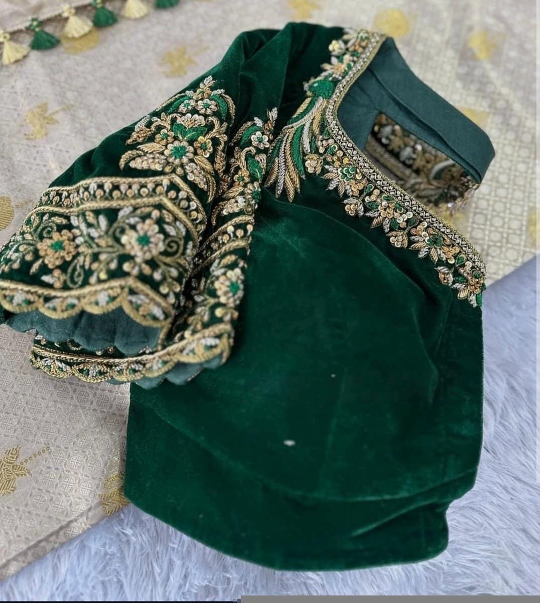 pure velvet hand embroidery blouse/modern saree maggam blouse/green zardosi blouse/ hand embroidered blouse/green velvet ready made blouse