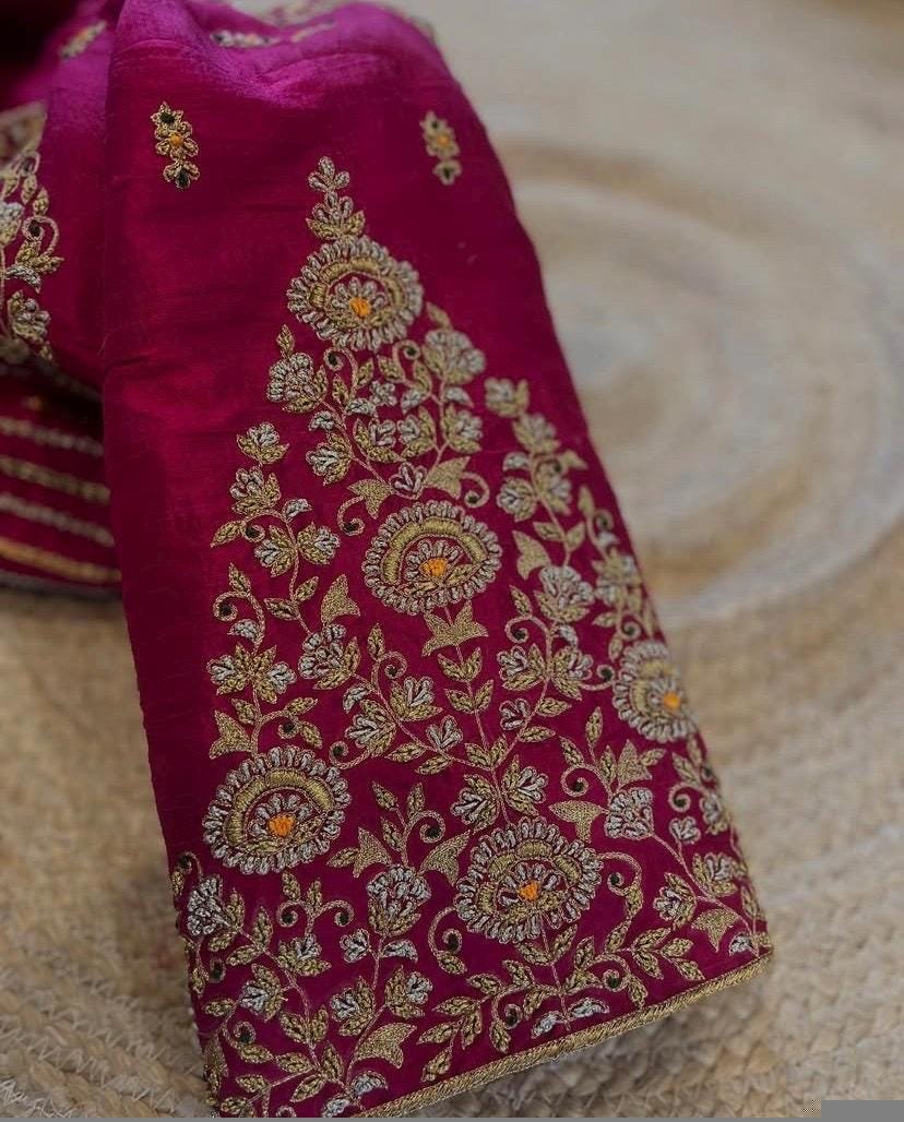 Pink Raw Silk Zardosi Blouse: Hand Embroidered Maggam Work,mix and match blouse,pink handwork blouse,plus-size blouse,magenta pink blouse