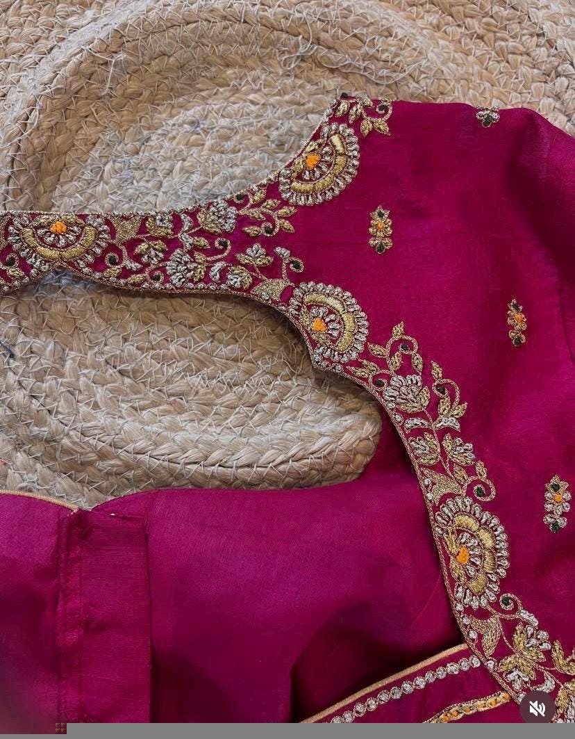 Pink Raw Silk Zardosi Blouse: Hand Embroidered Maggam Work,mix and match blouse,pink handwork blouse,plus-size blouse,magenta pink blouse