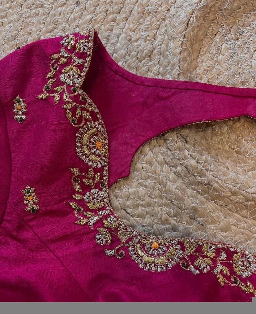 Pink Raw Silk Zardosi Blouse: Hand Embroidered Maggam Work,mix and match blouse,pink handwork blouse,plus-size blouse,magenta pink blouse