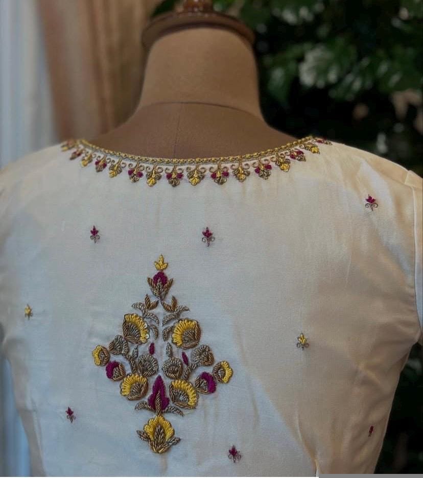 pure silk hand embroidery blouse /cream maggam blouse /raw silk zardosi blouse / multicolor chand embroidered blouse/ready handwork blouse