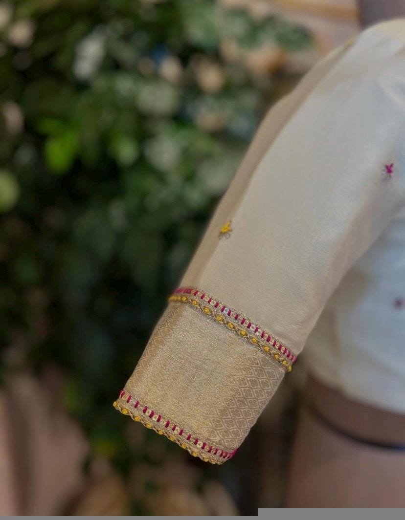pure silk hand embroidery blouse /cream maggam blouse /raw silk zardosi blouse / multicolor chand embroidered blouse/ready handwork blouse