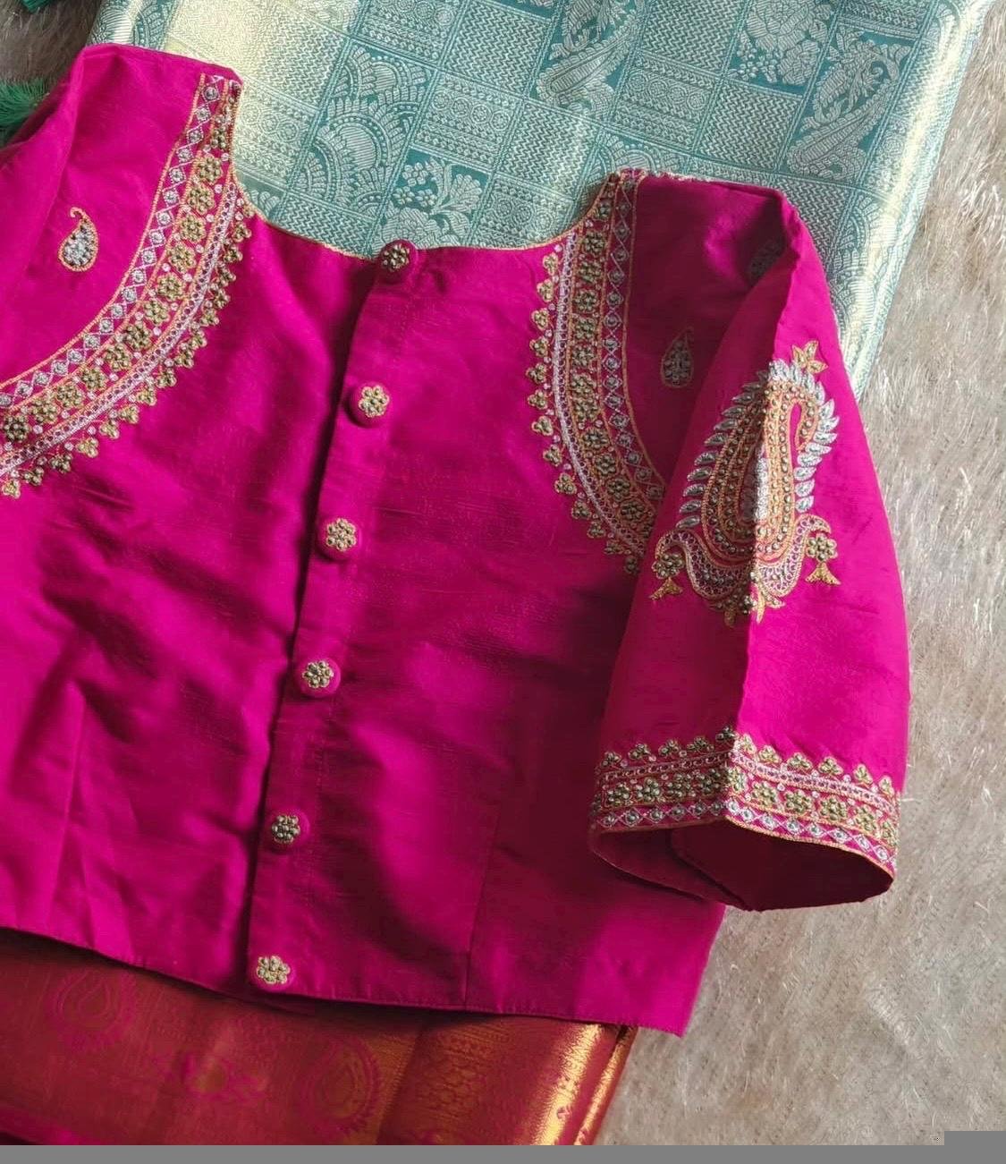 Hand Embroidered Zardosi Silk Blouse: Pink Maggam Work,hand work blouse, 42 size blouse, pink mix and match blouse, pink saree blouse USA